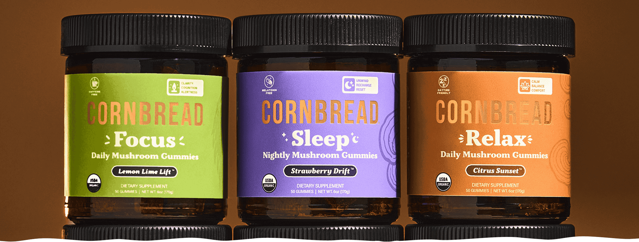 A lineup of Cornbread Focus, Sleep, and Relax Mushroom Gummies
