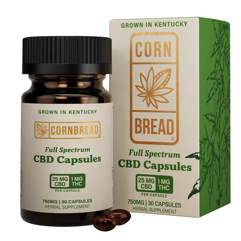 Cornbread Full Spectrum CBD Capsules bottle and packaging on a white background