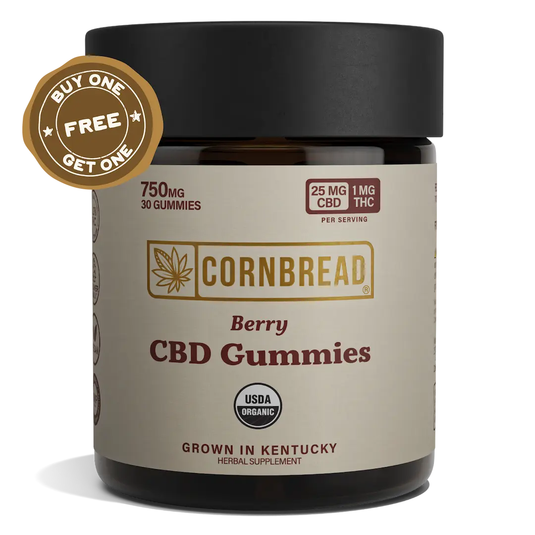 Jar of Cornbread CBD Gummies with a 'Buy One, Get One Free' badge on a white background