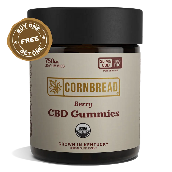 Jar of Cornbread CBD Gummies with a 'Buy One, Get One Free' badge on a white background