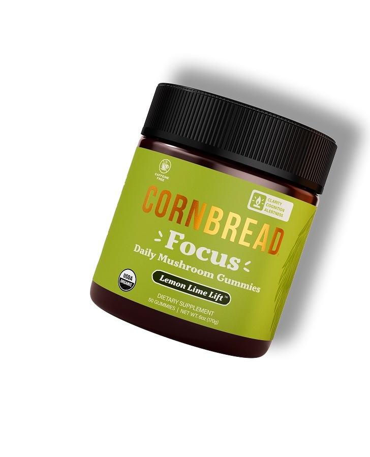 Jar of Cornbread Focus Daily Mushroom Gummies on a white background